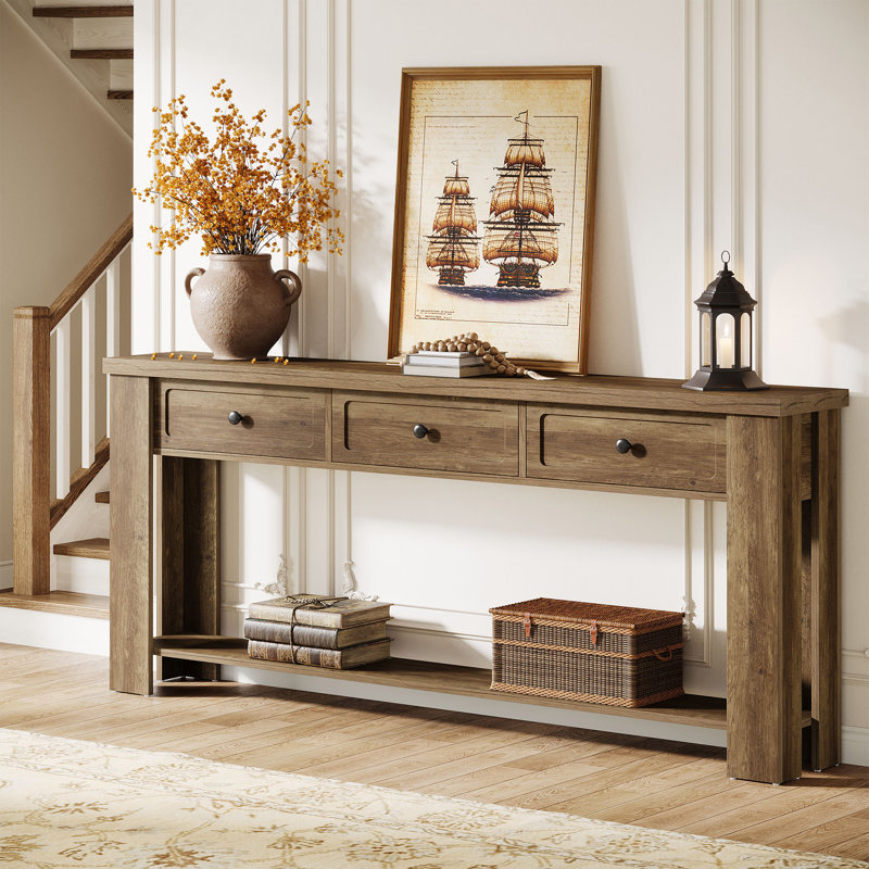 August Grove 709 Inch Console Table With 3 Drawers And Open Storage Shelf Extra Long Narrow Entryway Sofa Tables For Hallway Foyer Entrance Brown W118501180