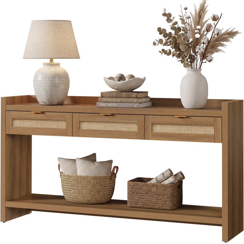 Ivy Bronx Natural Rattan Console Table With Drawers Open Shelf Modern Farmhouse Entryway Table With Anti Slip Raised Edge Adjustable Feet For Living Room Hallway Bedroom W119571350